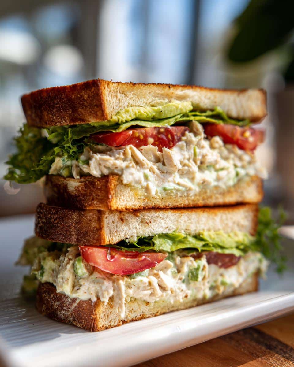 Delicious Chicken Avocado Sandwich stacked high with lettuce and tomato on toasted bread.