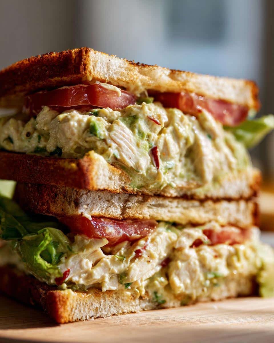 Stacked Chicken Avocado Sandwich featuring creamy chicken salad, avocado, tomato, and lettuce on toasted bread.