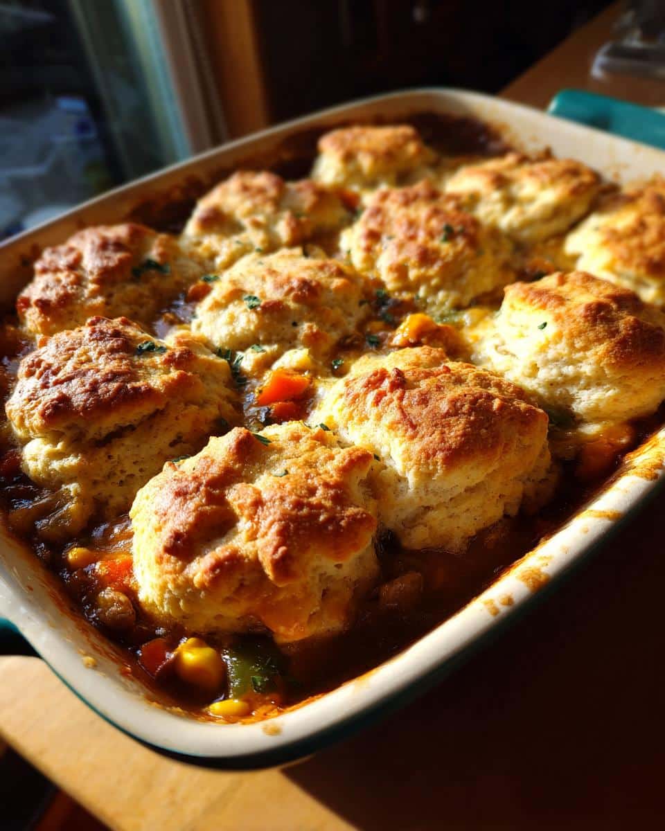 A freshly baked Chicken Cobbler in a casserole dish, topped with golden brown biscuits and garnished with herbs.