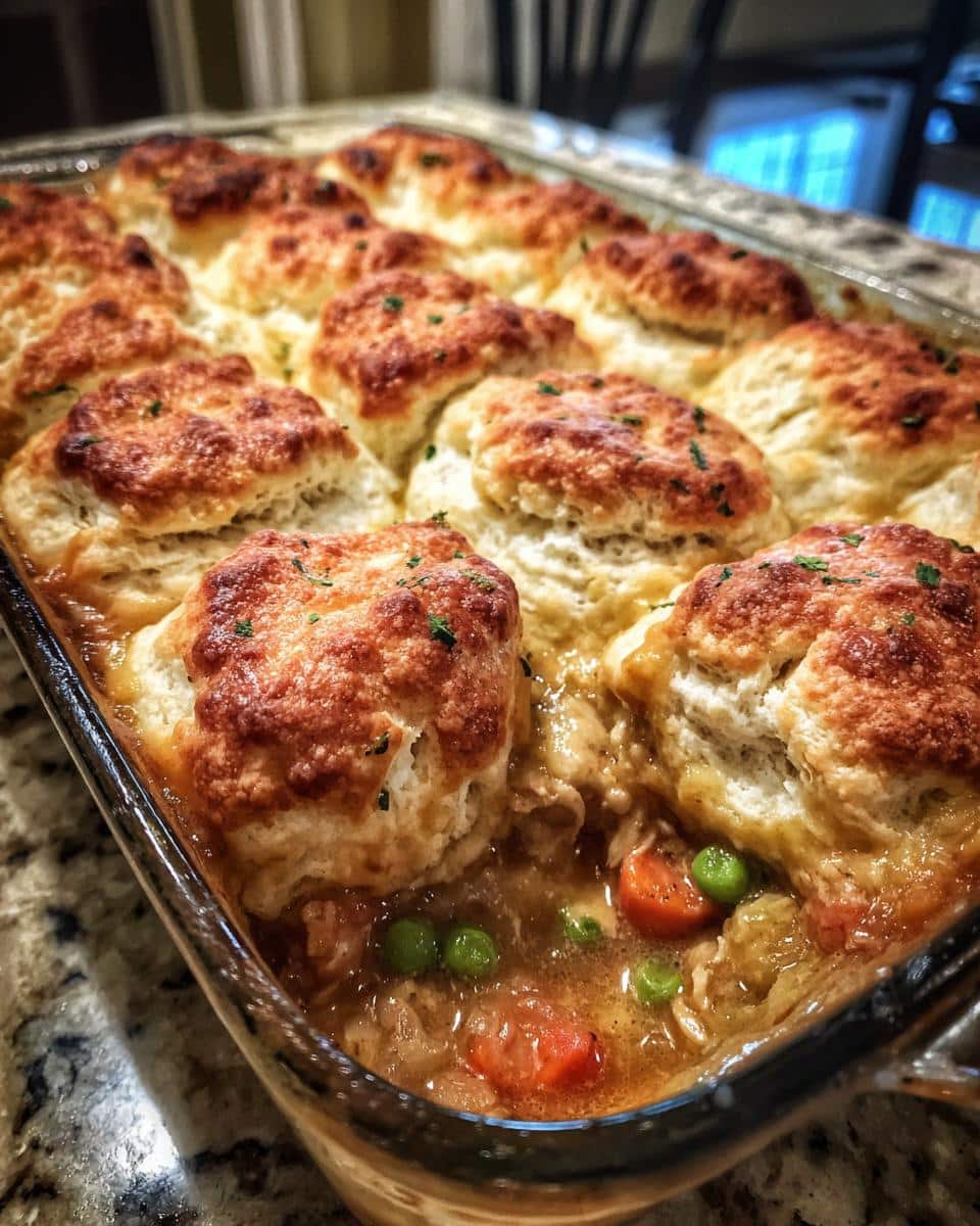 Overhead view of a freshly baked Chicken cobbler in a glass baking dish with golden brown biscuits.
