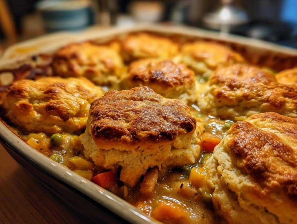 Close-up of a freshly baked Chicken cobbler with golden-brown biscuits and a savory chicken and vegetable filling.