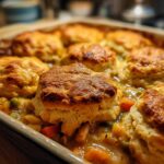 Close-up of a freshly baked Chicken cobbler with golden-brown biscuits and a savory chicken and vegetable filling.