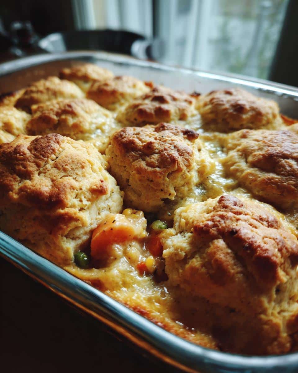 Close-up of a freshly baked Chicken cobbler with golden brown biscuits and a creamy filling with vegetables.