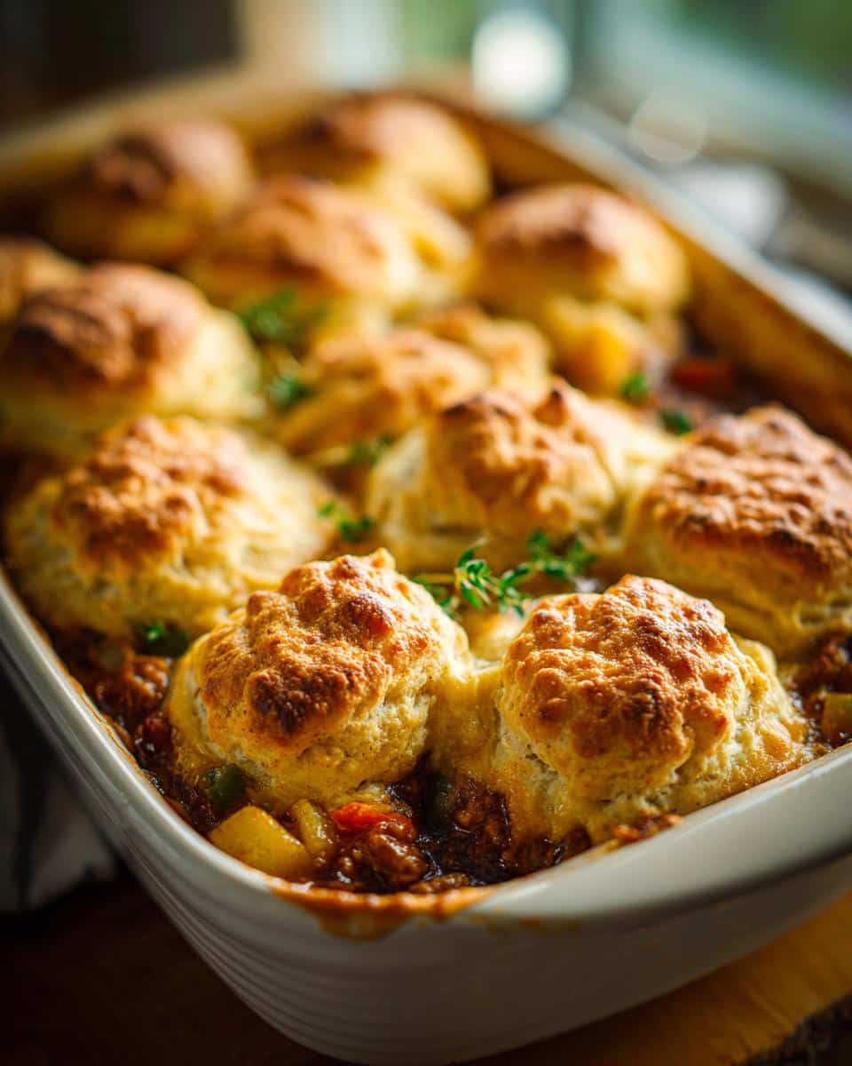 Close-up of a freshly baked Chicken cobbler in a white baking dish, topped with golden biscuits and herbs.