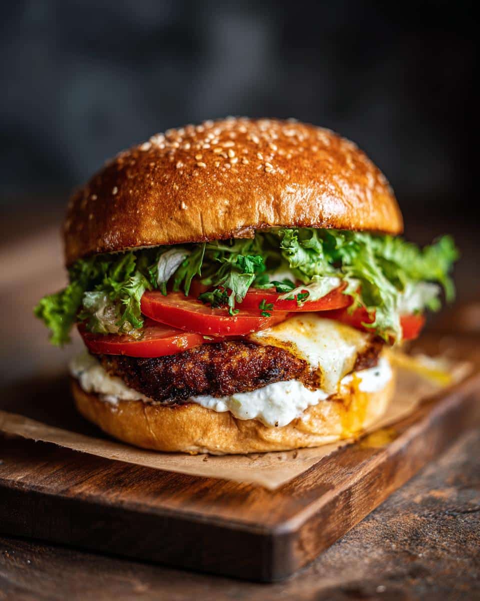 A mouthwatering Chicken Parmesan Burger with melted cheese, tomato, and lettuce on a sesame seed bun.