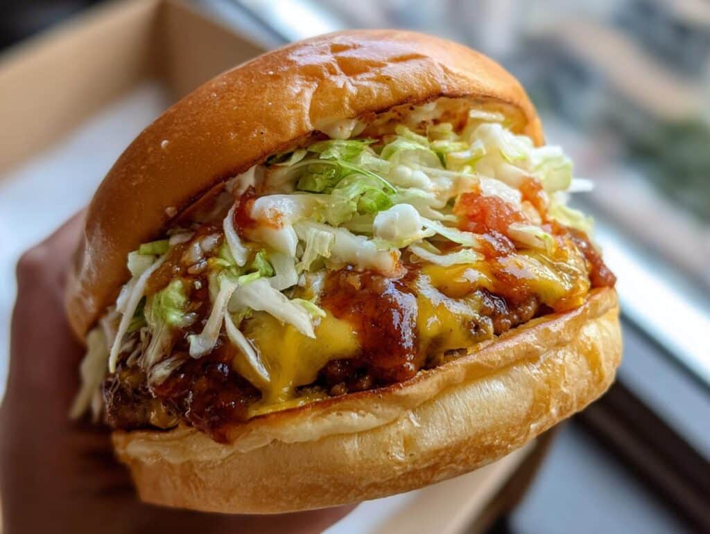 A mouthwatering Chicken Parmesan Burger with melted cheese, sauce, and shredded lettuce.