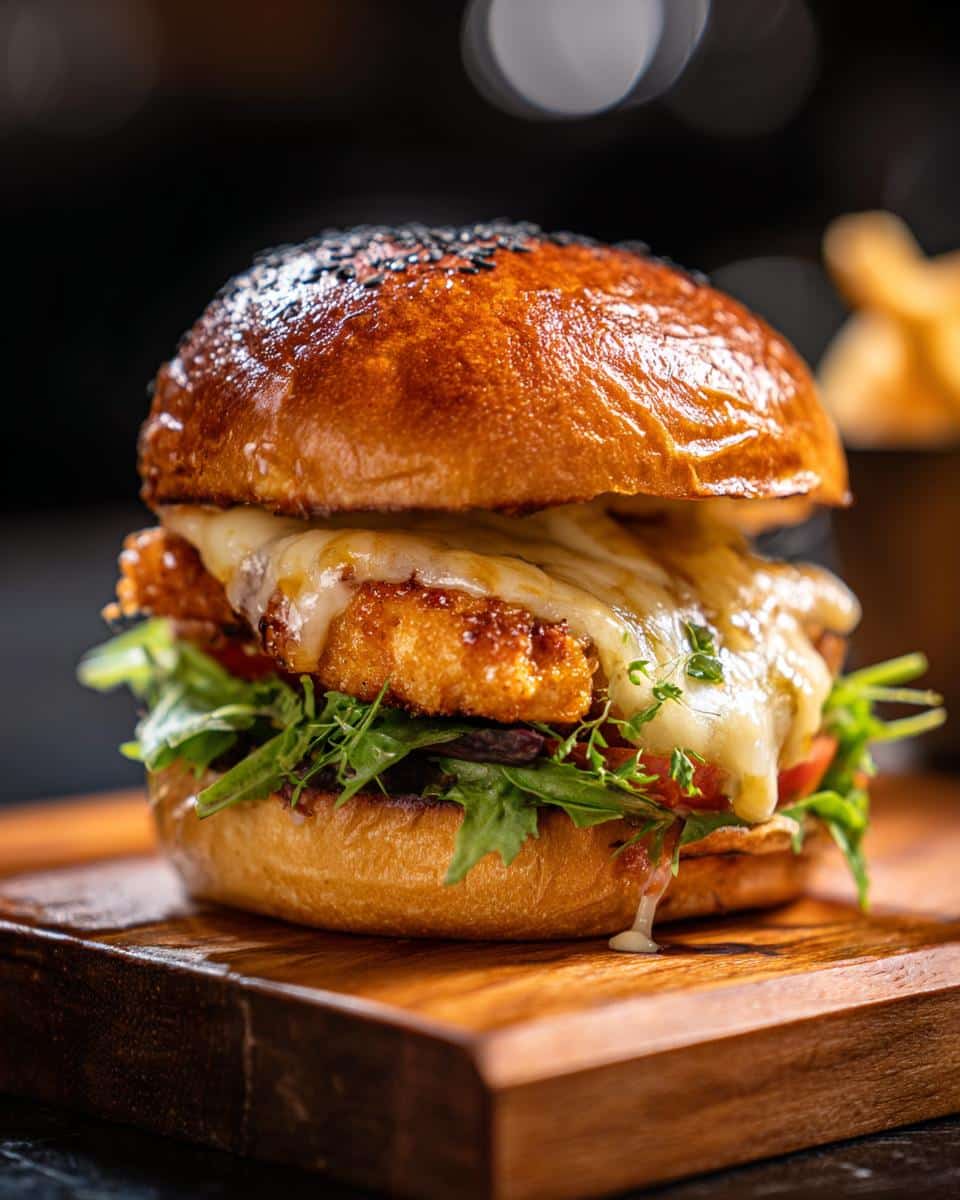 Delicious Chicken Parmesan Burger with melted cheese, lettuce, and tomato on a wooden board.