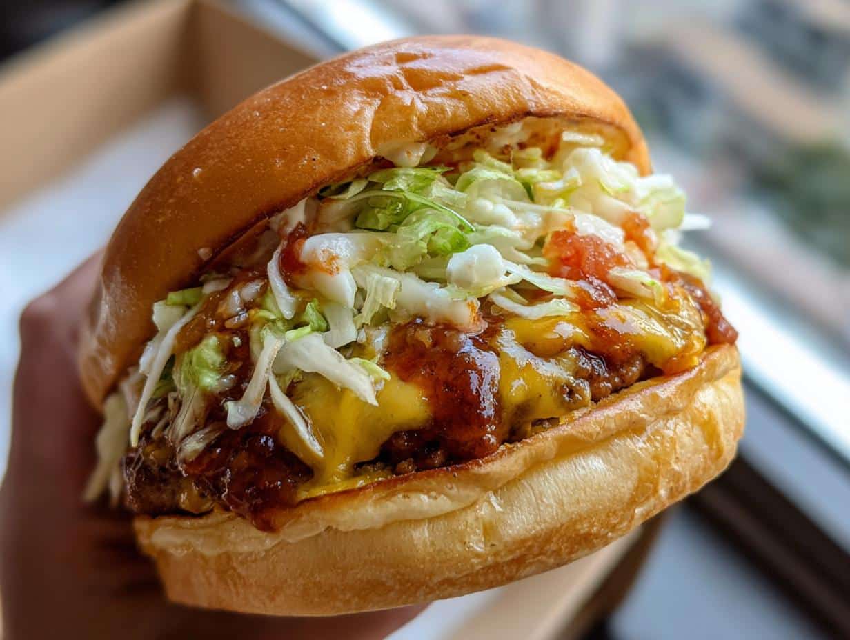 A mouthwatering Chicken Parmesan Burger with melted cheese, sauce, and shredded lettuce.