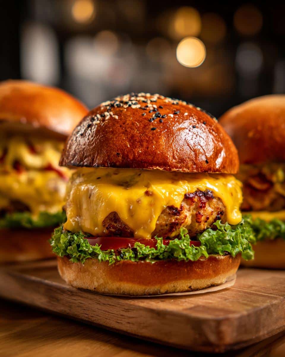 Three Chicken Parmesan Burgers on a wooden board, topped with melted cheese, lettuce, and sesame seed buns.