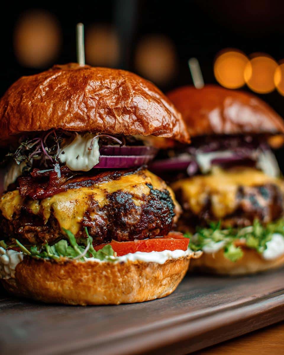 Two Chicken Parmesan Burgers stacked with cheese, tomato, lettuce, and red onion on a wooden board.