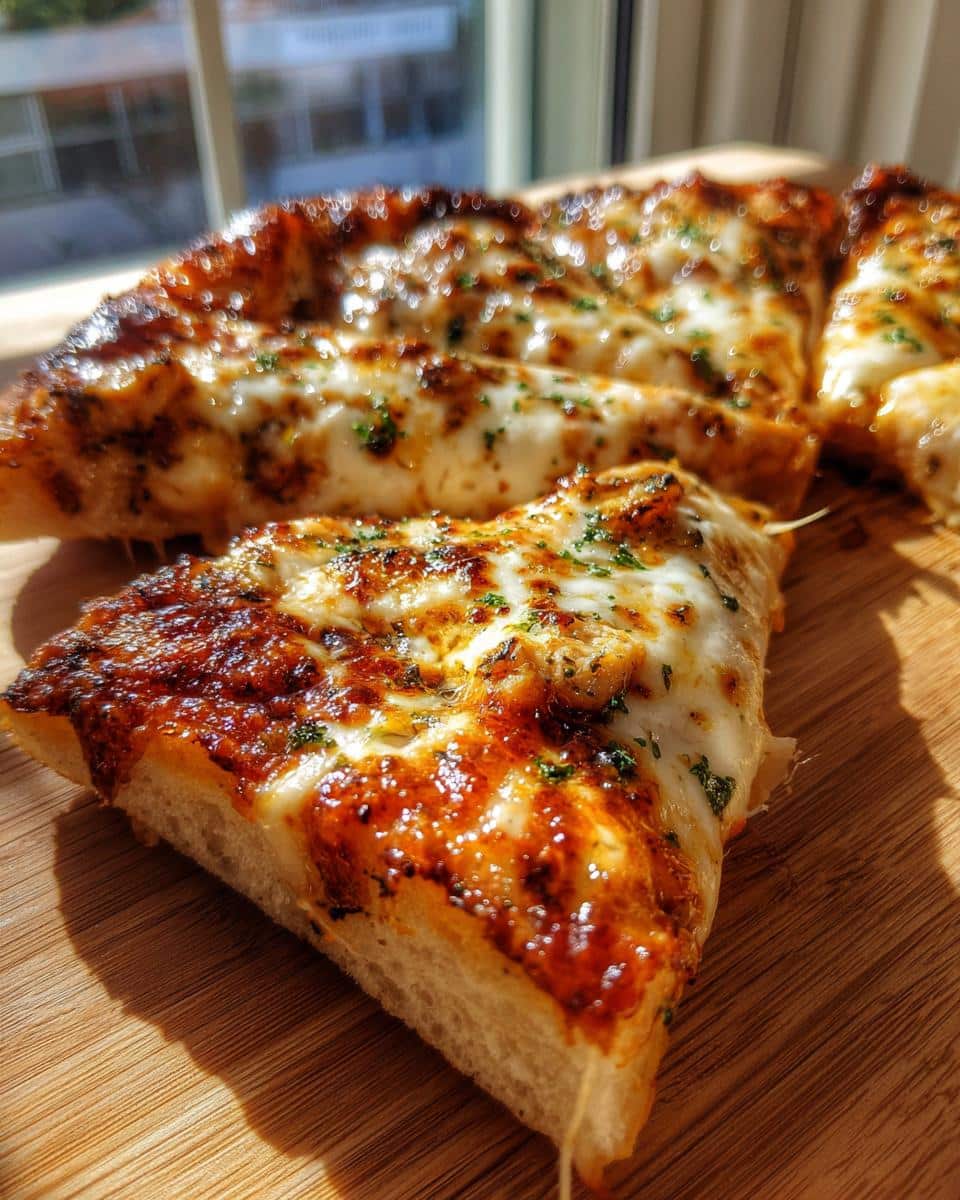 A delicious slice of Chicken Pesto Pizza with melted cheese and herbs on a wooden board.