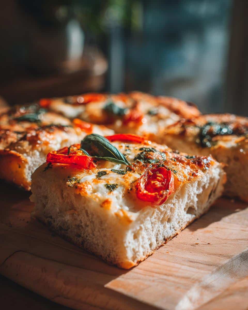 Close-up of a slice of Chicken Pesto Pizza featuring fresh tomatoes and basil on a wooden board.