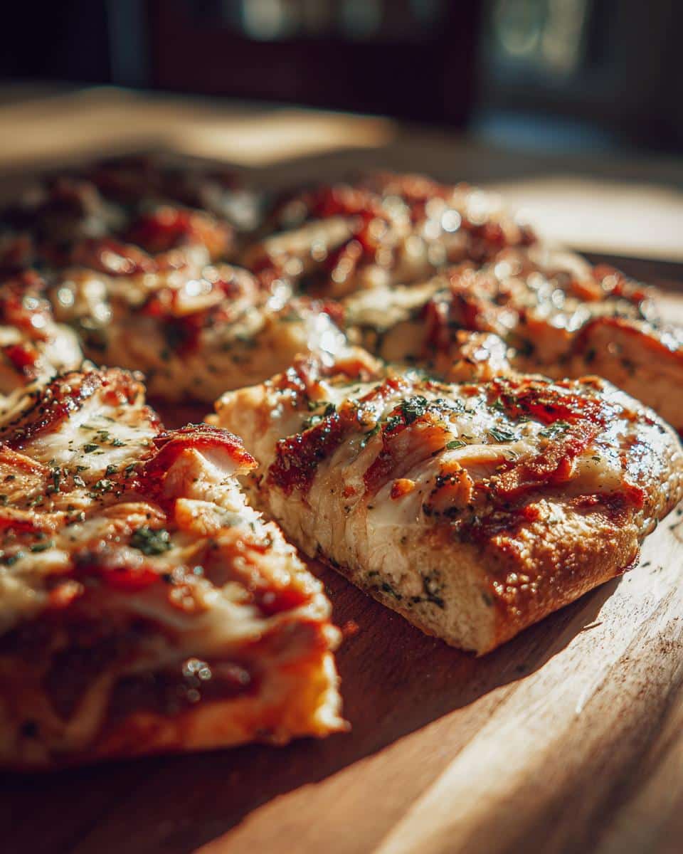 Close-up of sliced Chicken Pesto Pizza on a wooden board, showcasing the chicken, pesto, and melted cheese.