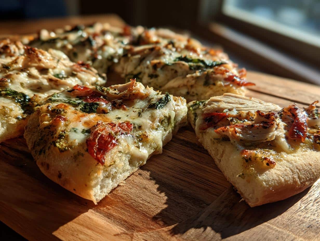 Close-up of Chicken Pesto Pizza slices on a wooden board, featuring chicken, pesto, tomatoes, and melted cheese.