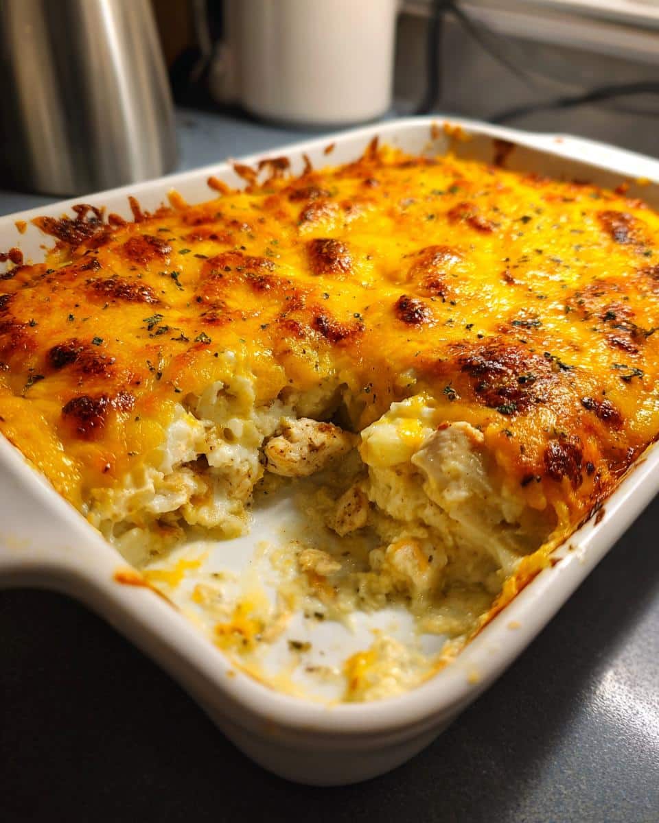 Baked Chicken & Potato Casserole in a white dish with melted cheese topping and a scoop missing.