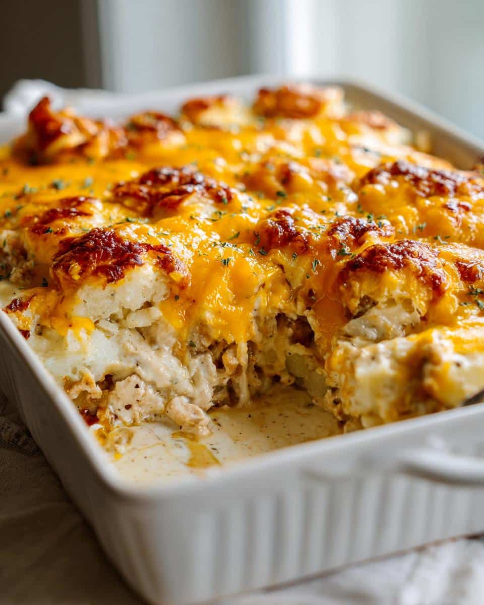 Close-up of a Chicken & Potato Casserole in a white baking dish, topped with melted cheese and herbs.