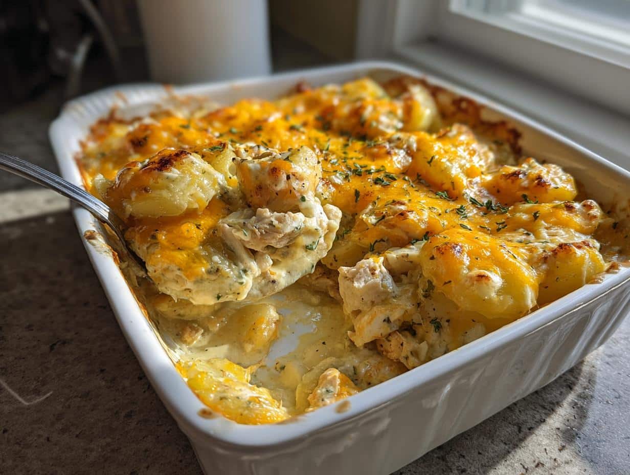 Close-up of Chicken & Potato Casserole in a white baking dish, with a spoonful being lifted.