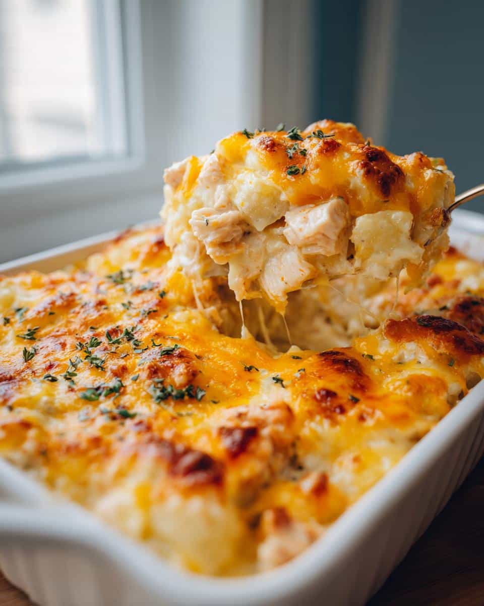 Golden brown Chicken & Potato Casserole being lifted with a spoon, showing the cheesy, creamy filling.