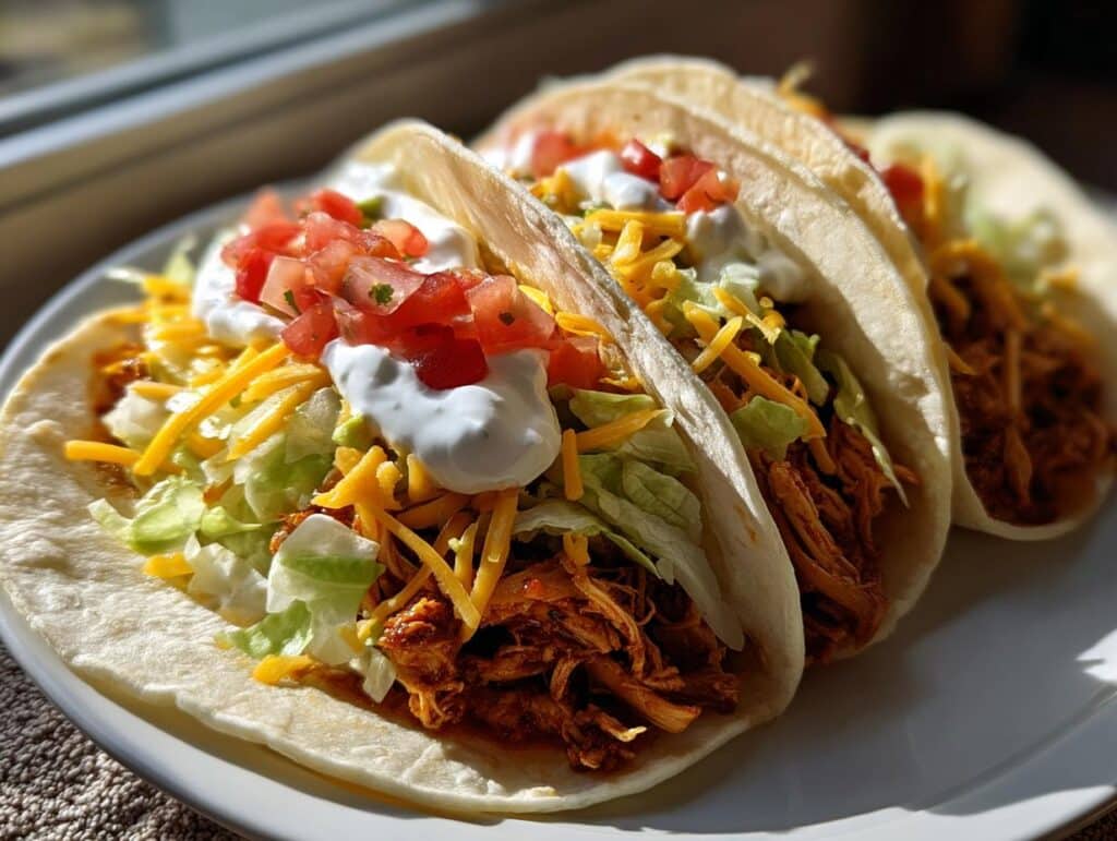 Three Chicken Soft Tacos filled with shredded chicken, lettuce, cheese, sour cream, and tomatoes.
