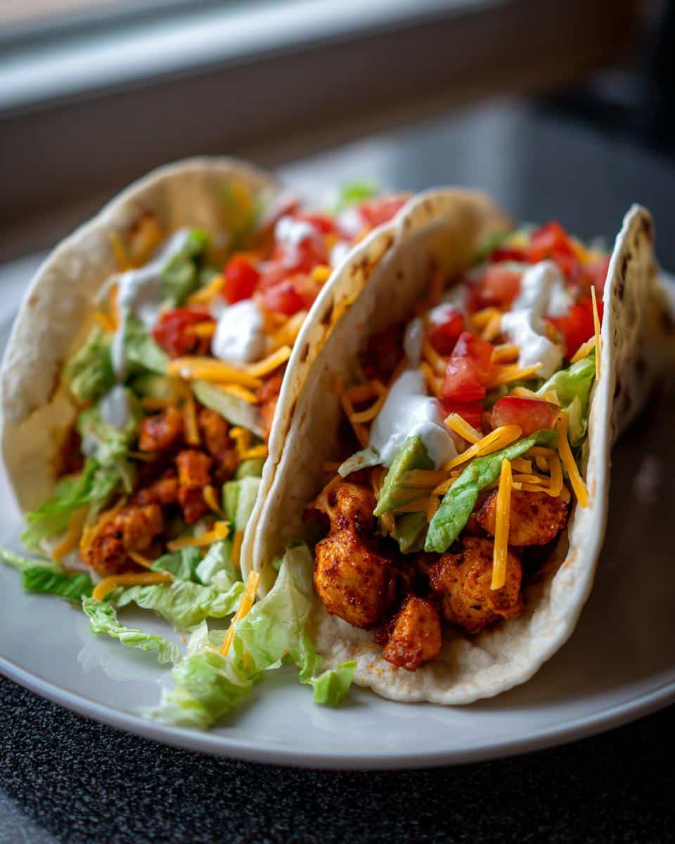 Two Chicken Soft Tacos filled with chicken, lettuce, tomatoes, cheese, avocado, and sour cream on a white plate.