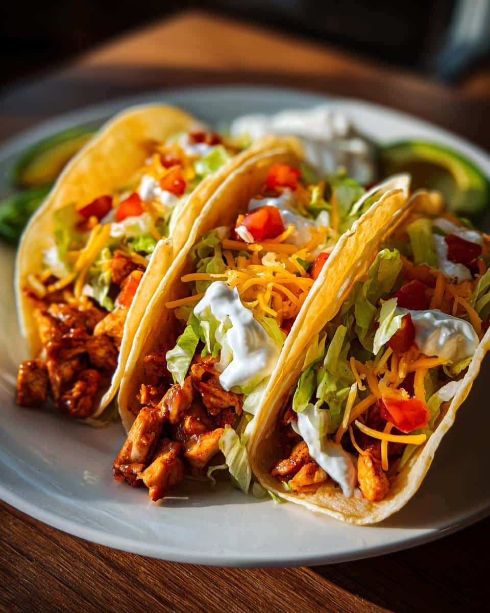 Three chicken soft tacos on a white plate, garnished with lettuce, cheese, tomatoes, and sour cream. Avocado slices on the side.