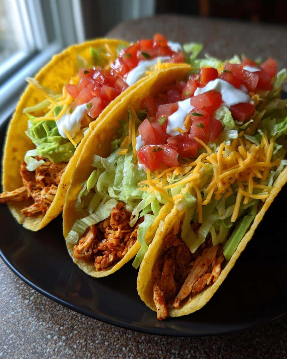 Three Chicken Soft Tacos filled with chicken, lettuce, cheese, tomatoes, sour cream, and avocado on a black plate.