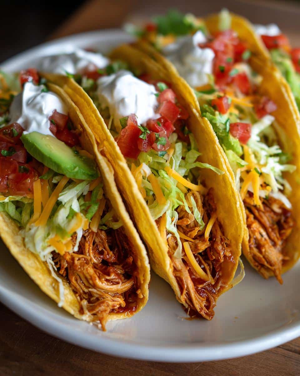 Three Chicken Soft Tacos filled with shredded chicken, lettuce, cheese, tomato, avocado, and sour cream.