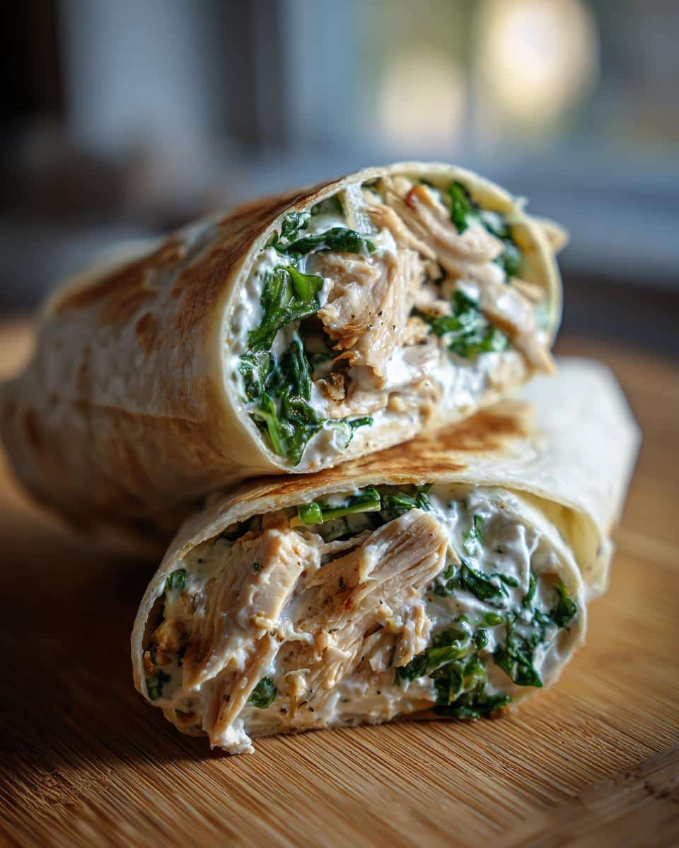 Close-up of a Chicken Spinach Wrap cut in half, showcasing the chicken, spinach, and creamy filling.