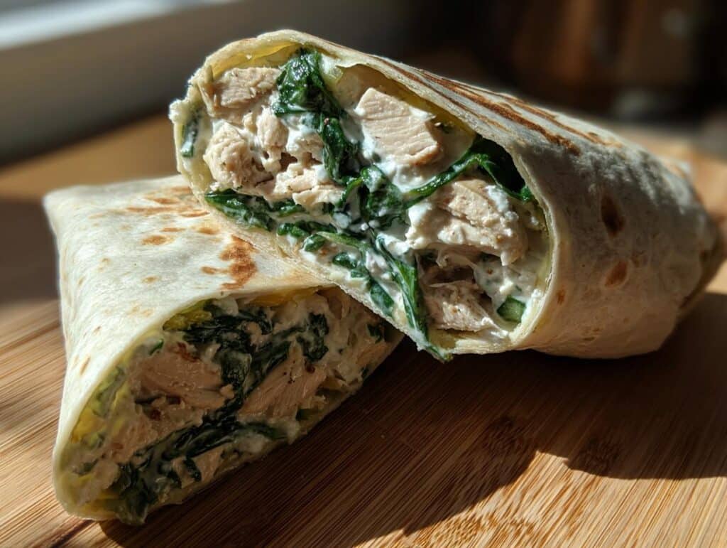 A Chicken Spinach Wrap cut in half, showcasing the chicken, spinach, and creamy filling.