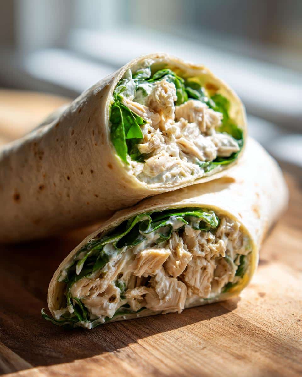 Close-up of a Chicken Spinach Wrap cut in half, showcasing the chicken, spinach, and creamy sauce filling.