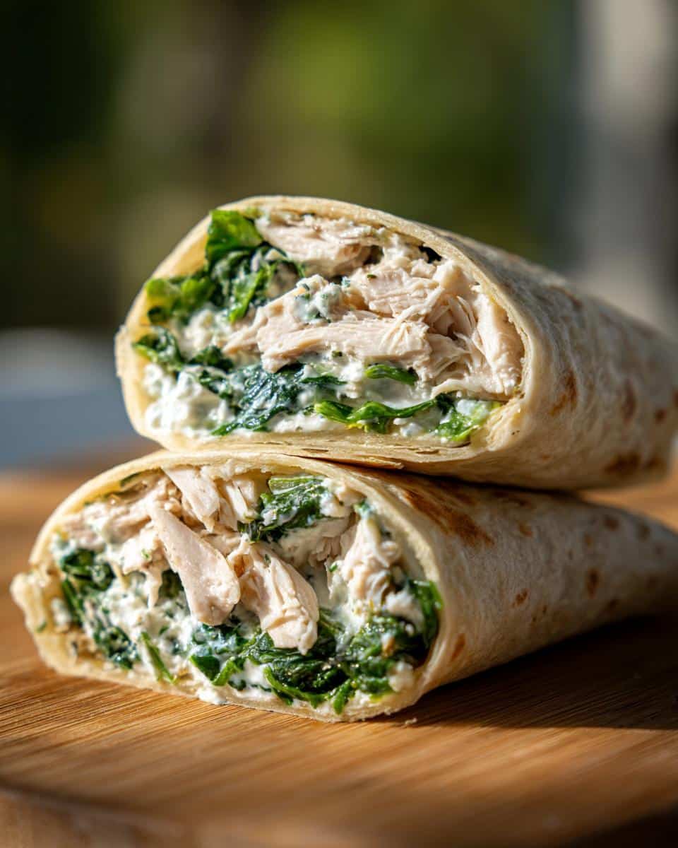 Two halves of a Chicken Spinach Wrap stacked on a wooden surface, showcasing the chicken, spinach, and creamy filling.