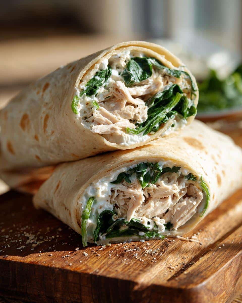 Close-up of a Chicken Spinach Wrap cut in half, showing the filling of chicken, spinach, and creamy sauce.