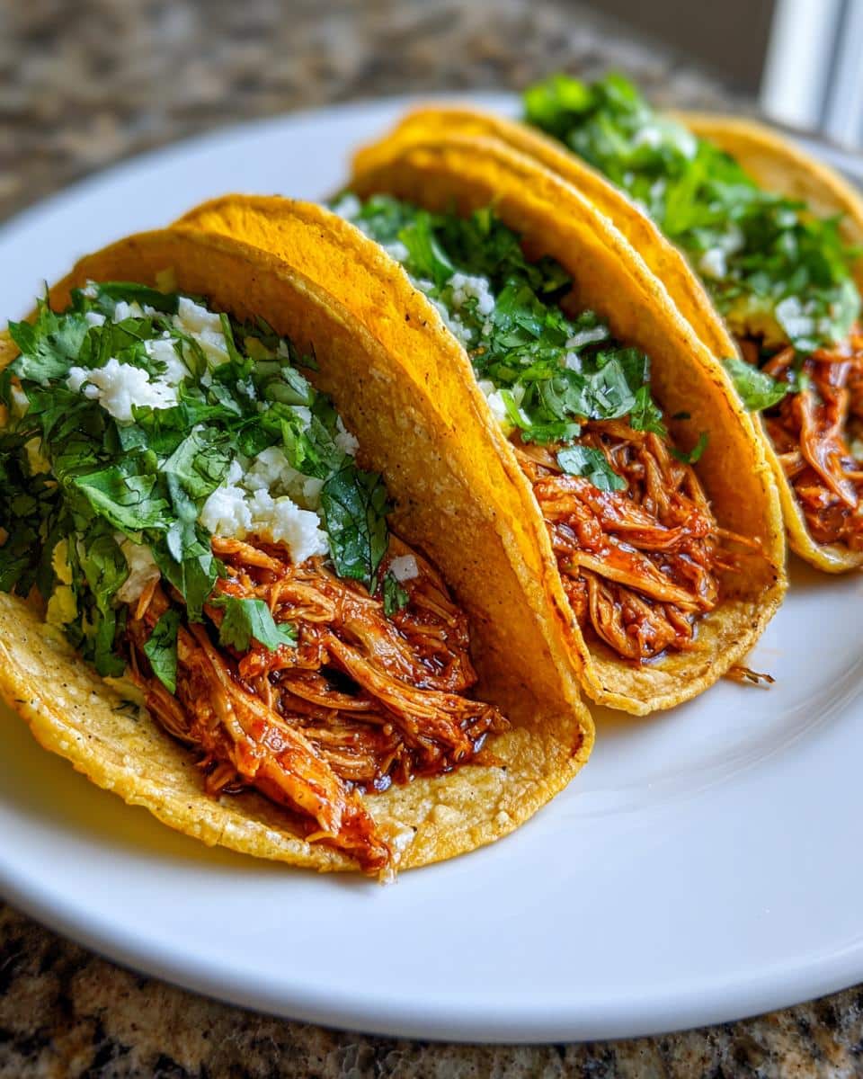 Three delicious chicken tacos crockpot filled with shredded chicken and topped with cilantro and cheese.