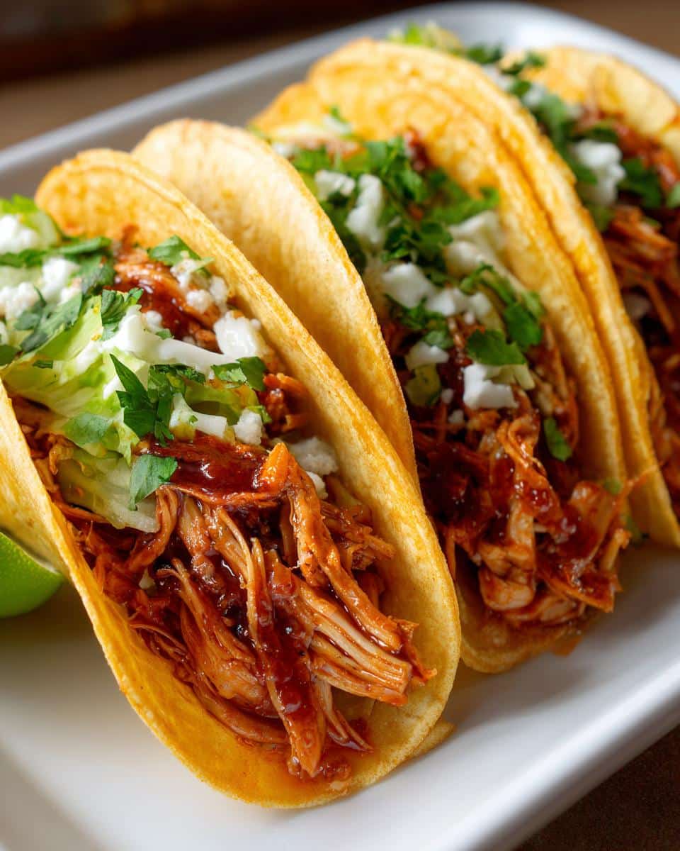 Close-up of four delicious chicken tacos crockpot on a white plate, filled with shredded chicken, lettuce, cheese, and cilantro.