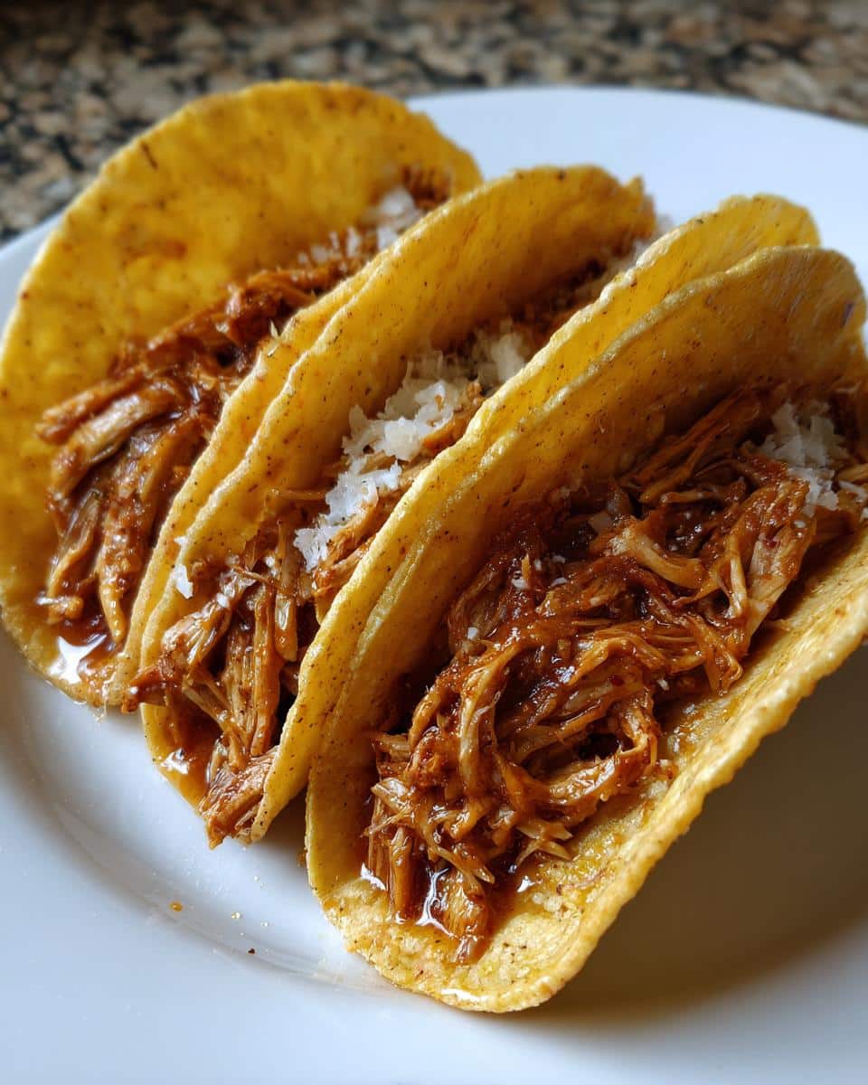 Three golden taco shells filled with shredded chicken, perfect for chicken tacos crockpot.