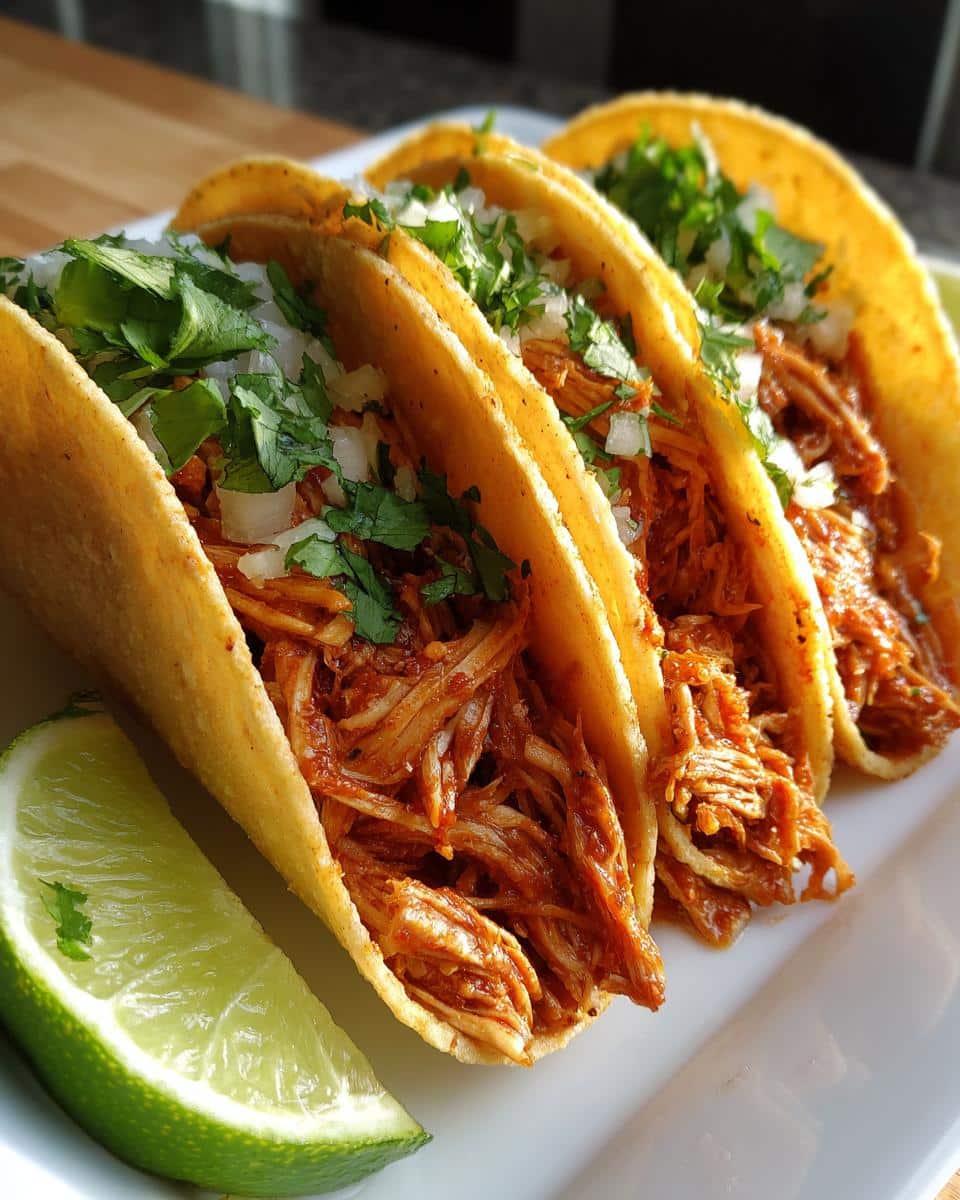 Three appetizing chicken tacos crockpot filled with shredded chicken and topped with diced onions and cilantro, served with lime wedges.