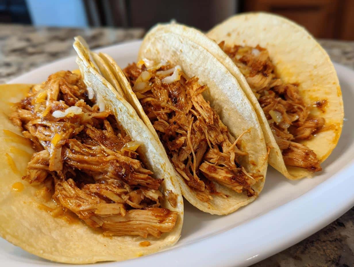 Three mouthwatering chicken tacos crockpot filled with shredded chicken and cheese on a white plate.