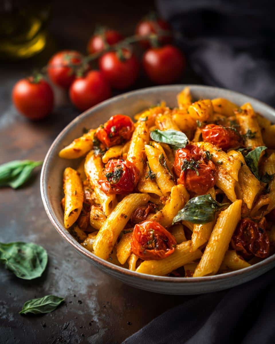 A bowl of delicious Chicken Tomato Basil Pasta, featuring penne pasta, roasted tomatoes, and fresh basil.