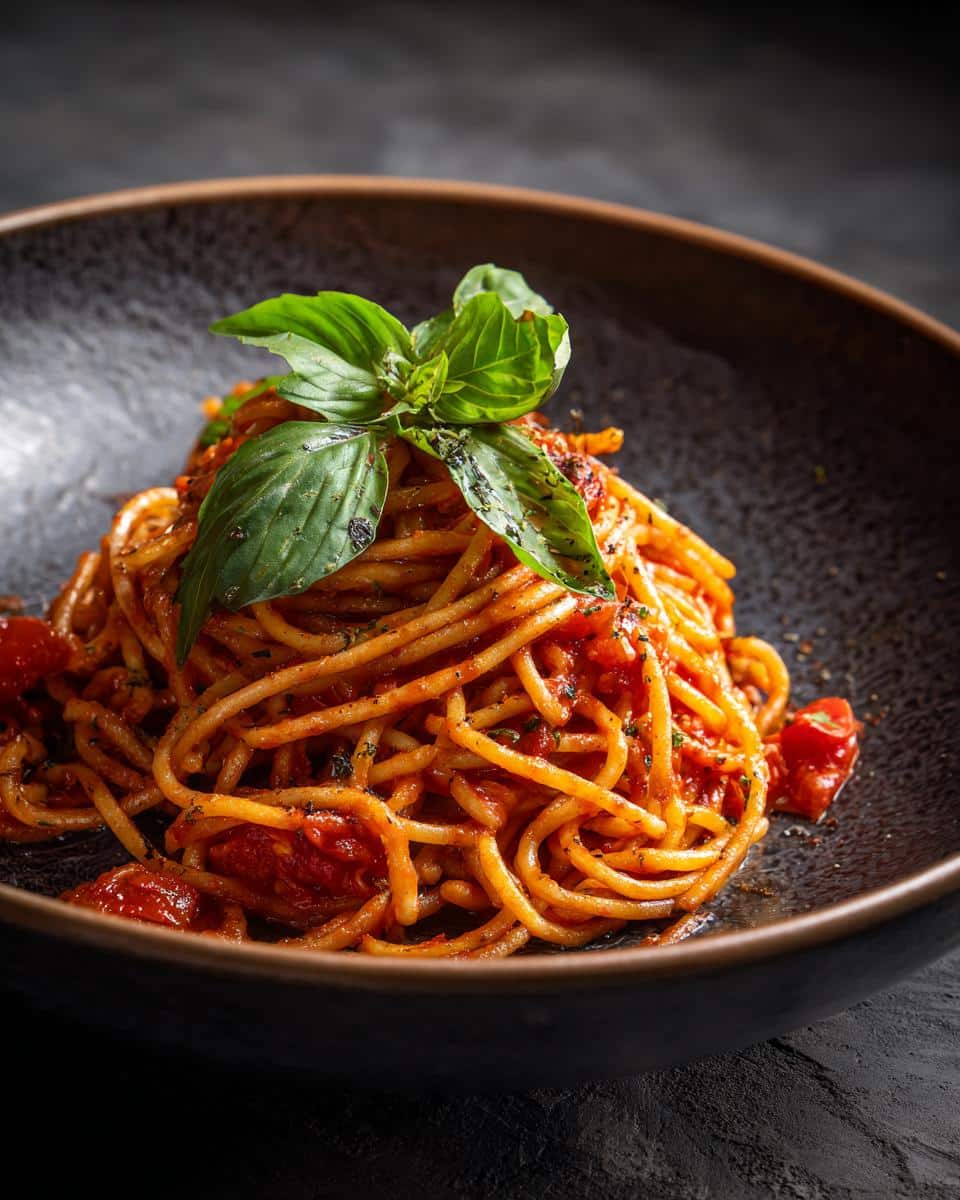 Close-up of Chicken Tomato Basil Pasta served in a dark bowl, garnished with fresh basil leaves.