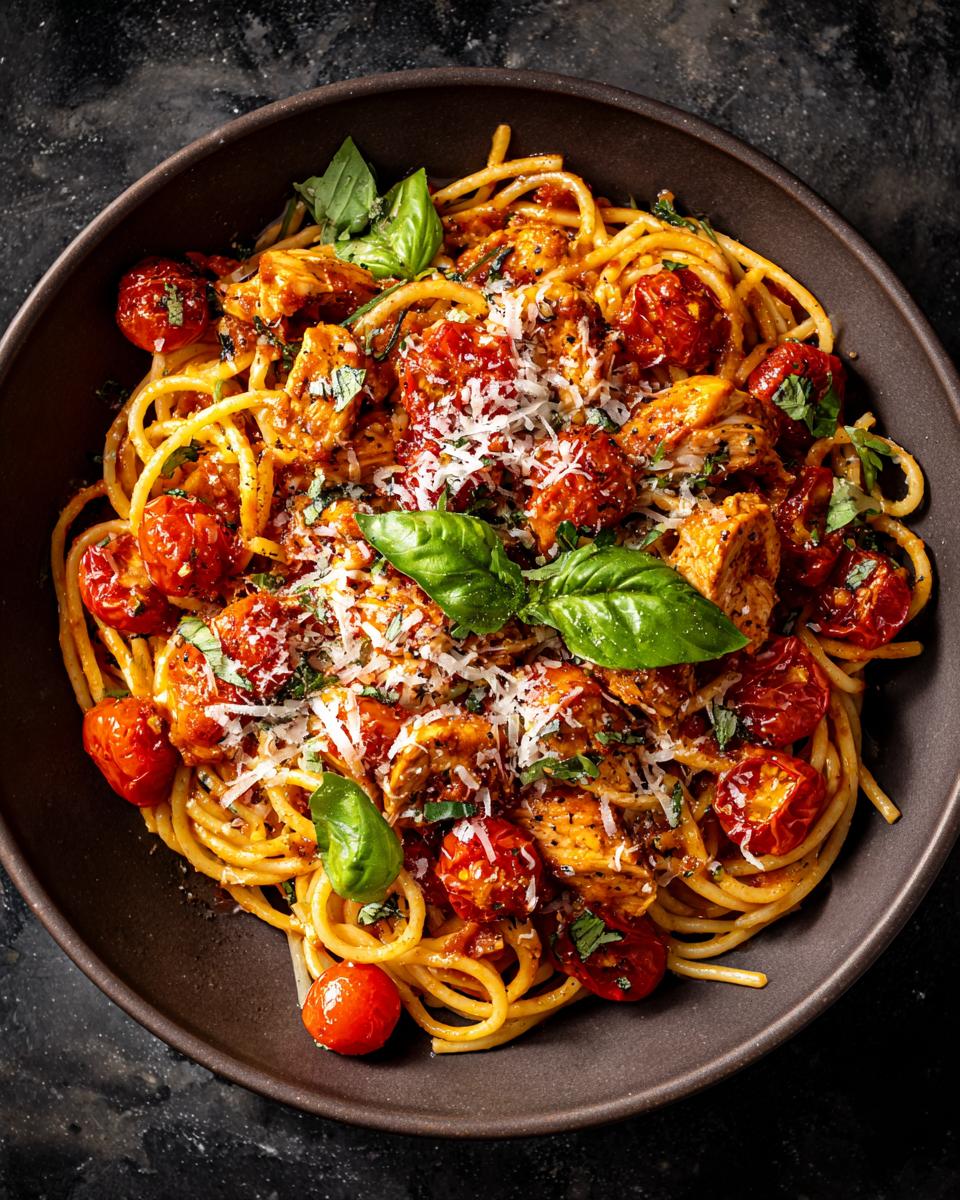 Overhead shot of Chicken Tomato Basil Pasta in a dark bowl, garnished with fresh basil and parmesan.