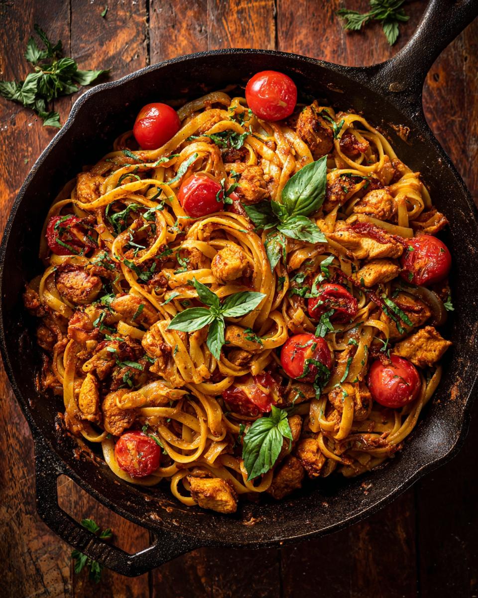 Overhead view of Chicken Tomato Basil Pasta in a cast iron skillet, garnished with fresh basil and tomatoes.