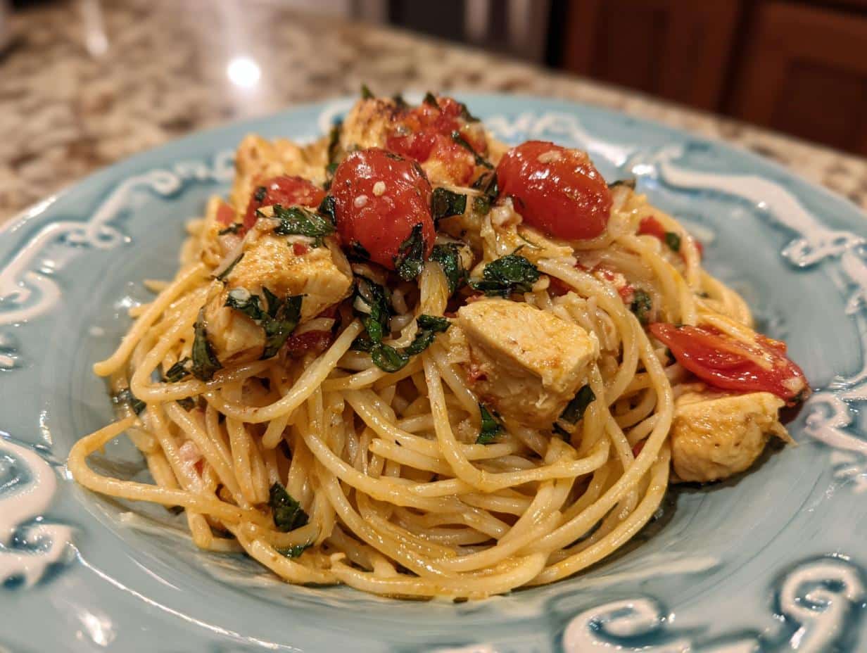 A serving of Chicken Tomato Basil Pasta on a decorative blue plate, featuring spaghetti, chicken, tomatoes, and basil.
