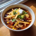 A delicious bowl of Chicken Tortilla Soup topped with tortilla strips, cheese, avocado, sour cream, and cilantro.