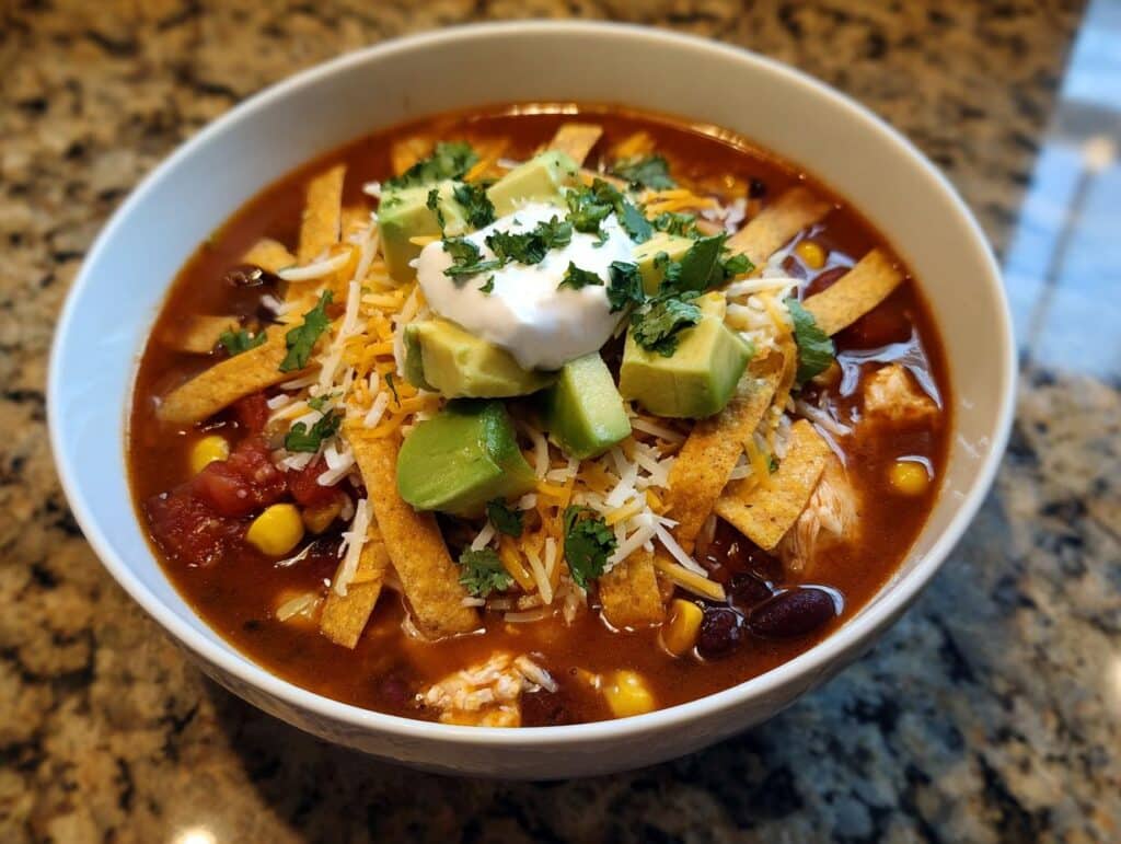 A bowl of Chicken Tortilla Soup, topped with avocado, sour cream, cheese, tortilla strips, and cilantro.