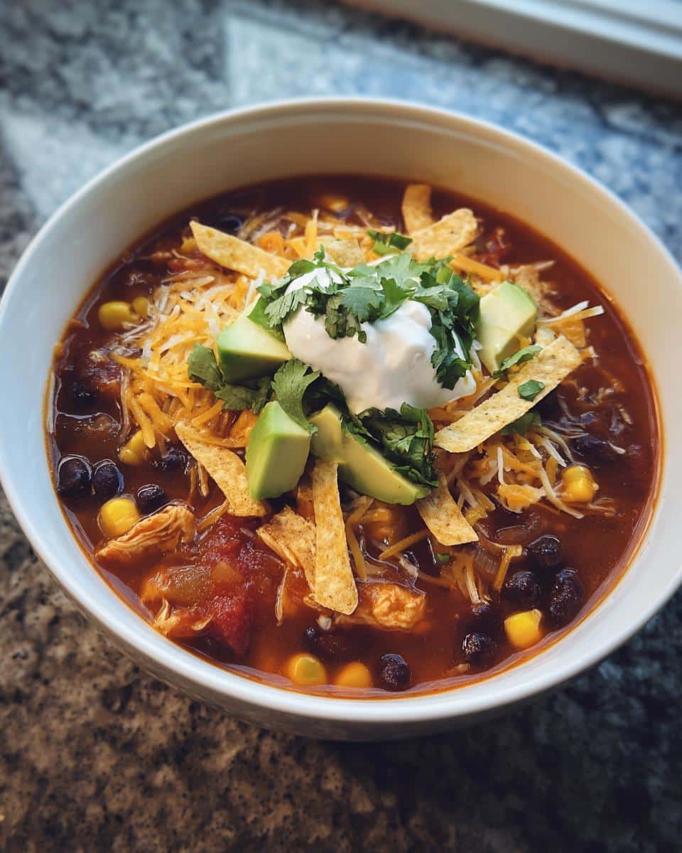 A bowl of Chicken Tortilla Soup topped with avocado, sour cream, cheese, cilantro, and tortilla strips.