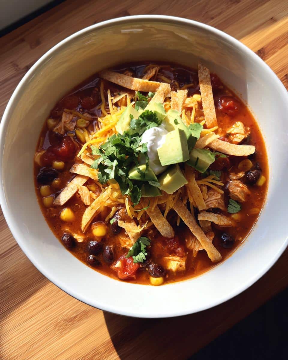 Overhead shot of a bowl of Chicken Tortilla Soup topped with avocado, sour cream, cilantro, cheese, and tortilla strips.