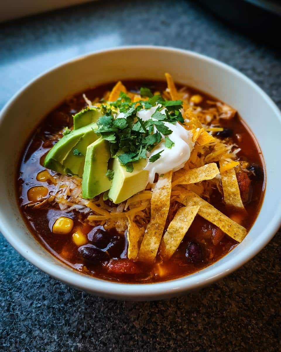 A bowl of Chicken Tortilla Soup topped with avocado, sour cream, cilantro, cheese, and tortilla strips.