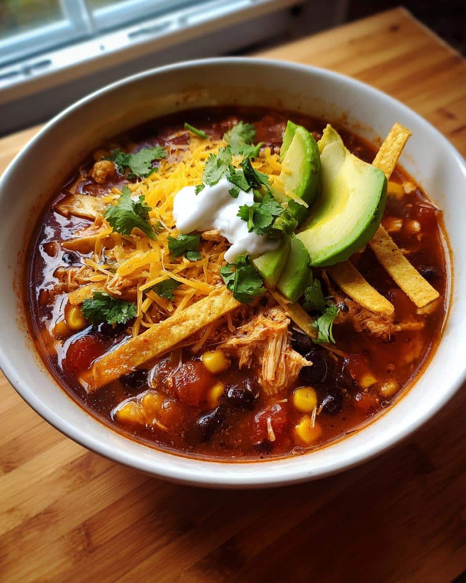 A delicious bowl of Chicken Tortilla Soup topped with avocado, tortilla strips, cheese, sour cream, and cilantro.