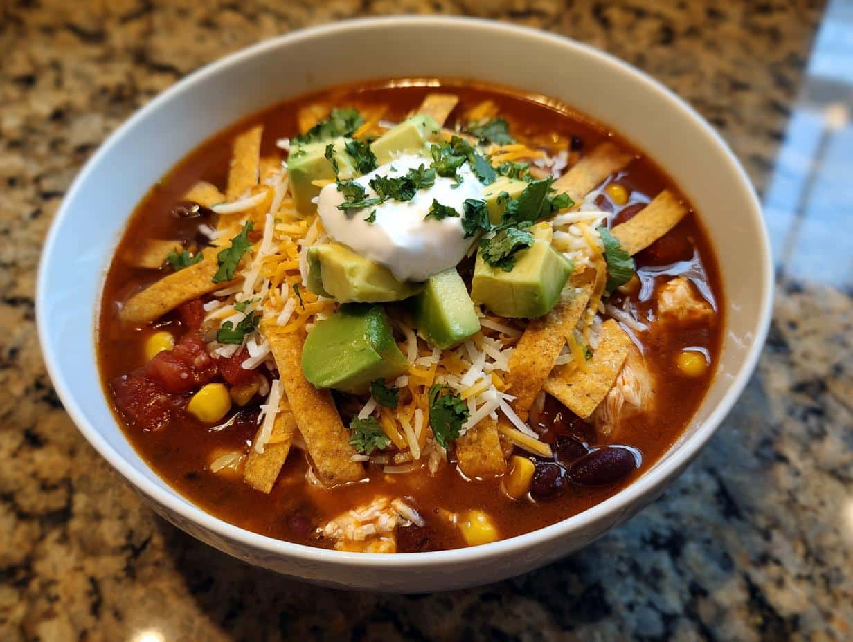 A bowl of Chicken Tortilla Soup, topped with avocado, sour cream, cheese, tortilla strips, and cilantro.