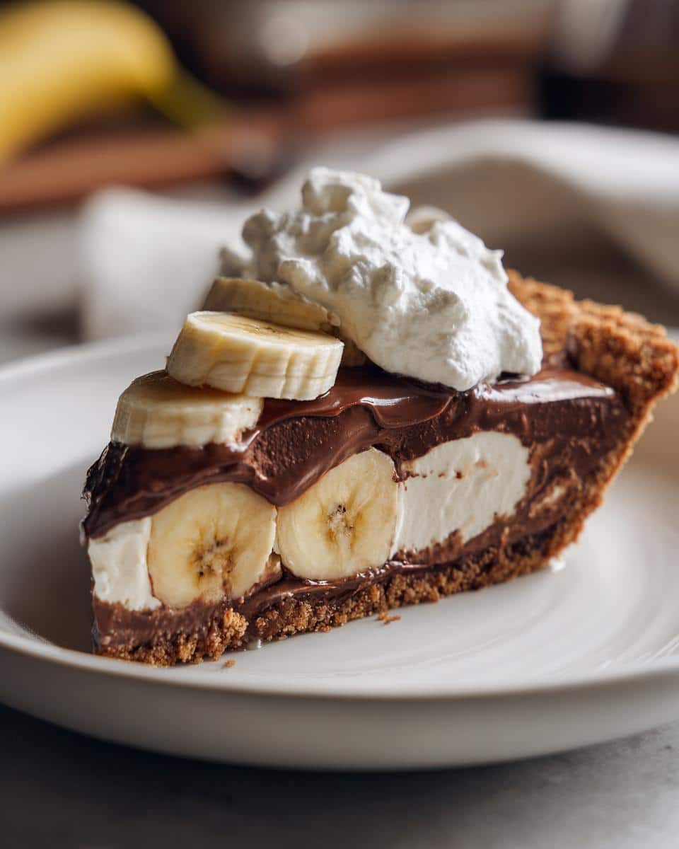 A delicious slice of Chocolate Banana Cream Pie with layers of banana, cream, chocolate, and whipped topping.